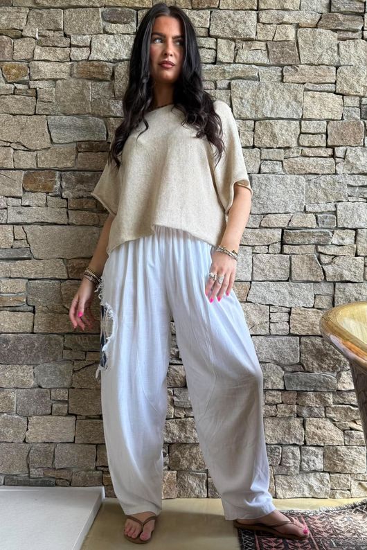 Lindin Linen Blend Crochet Flower Barrel Pant White